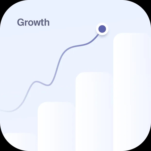 A Growth card: a rising trend line climbing over faint bar columns.