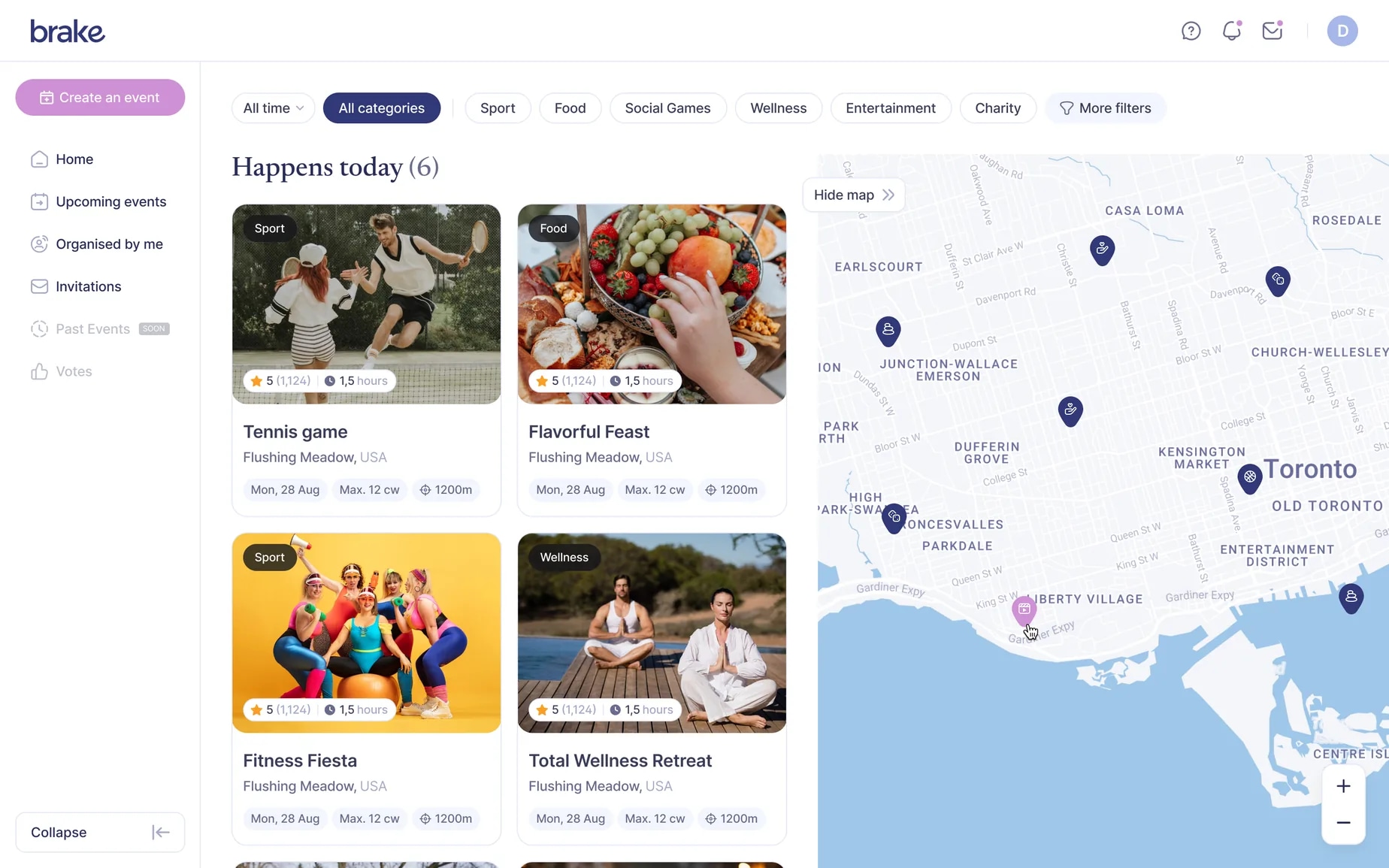 Brake's Happens today board: six event cards — Tennis game, Flavorful Feast, Fitness Fiesta, Total Wellness Retreat and more — beside a Toronto map with pinned locations.