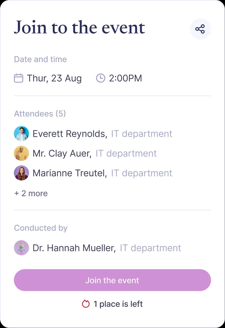 A Join to the event panel: date and time, five attendees by department, the organiser, and a Join button reading one place is left.