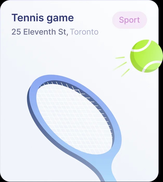 A Tennis game booking card: a racket and ball illustration over the event's address and its Sport tag.