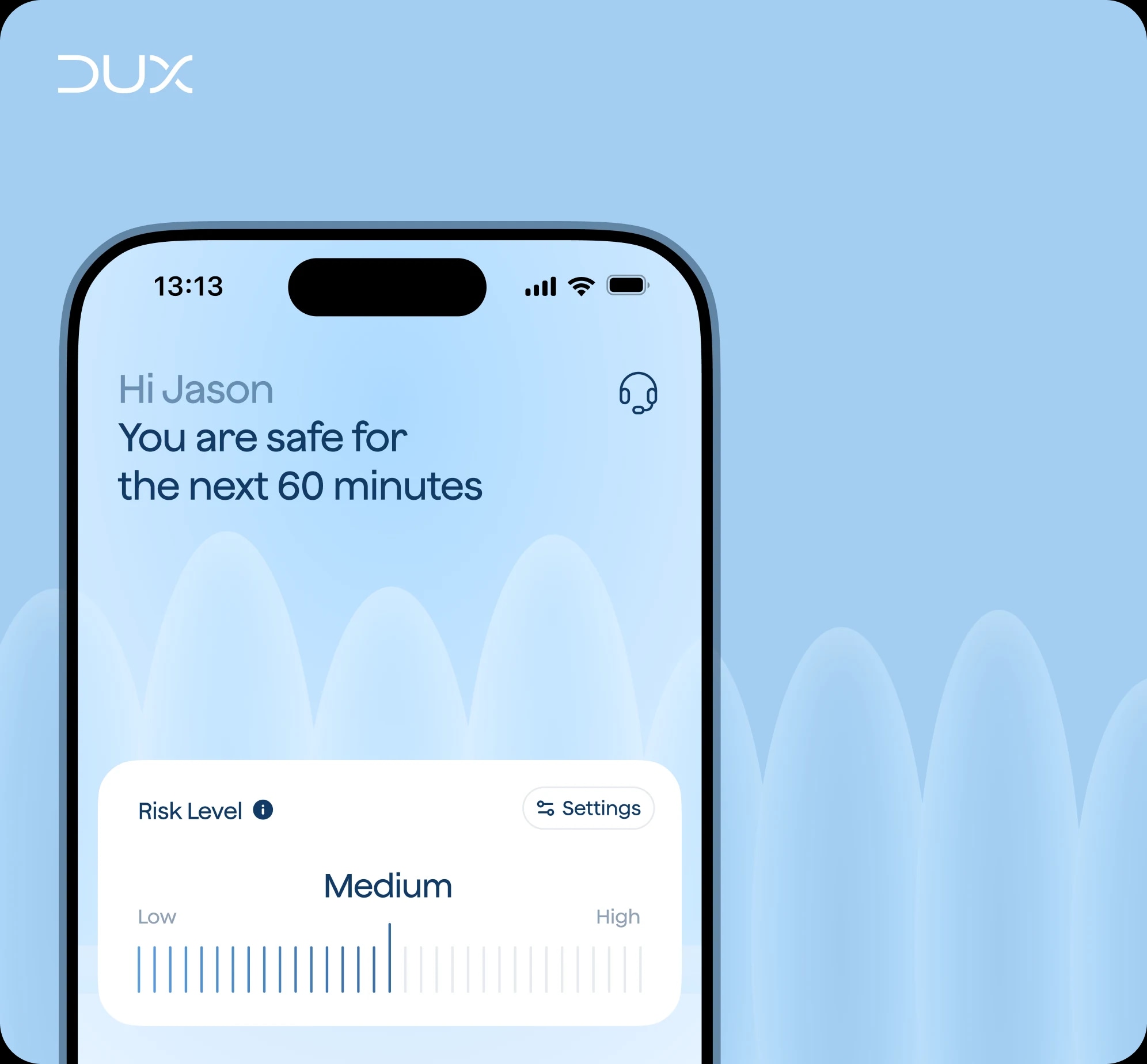 The Dux Health artwork panel: the DUX wordmark over a pale-blue field, with an iPhone showing Hi Jason, you are safe for the next 60 minutes and a Medium risk level card.