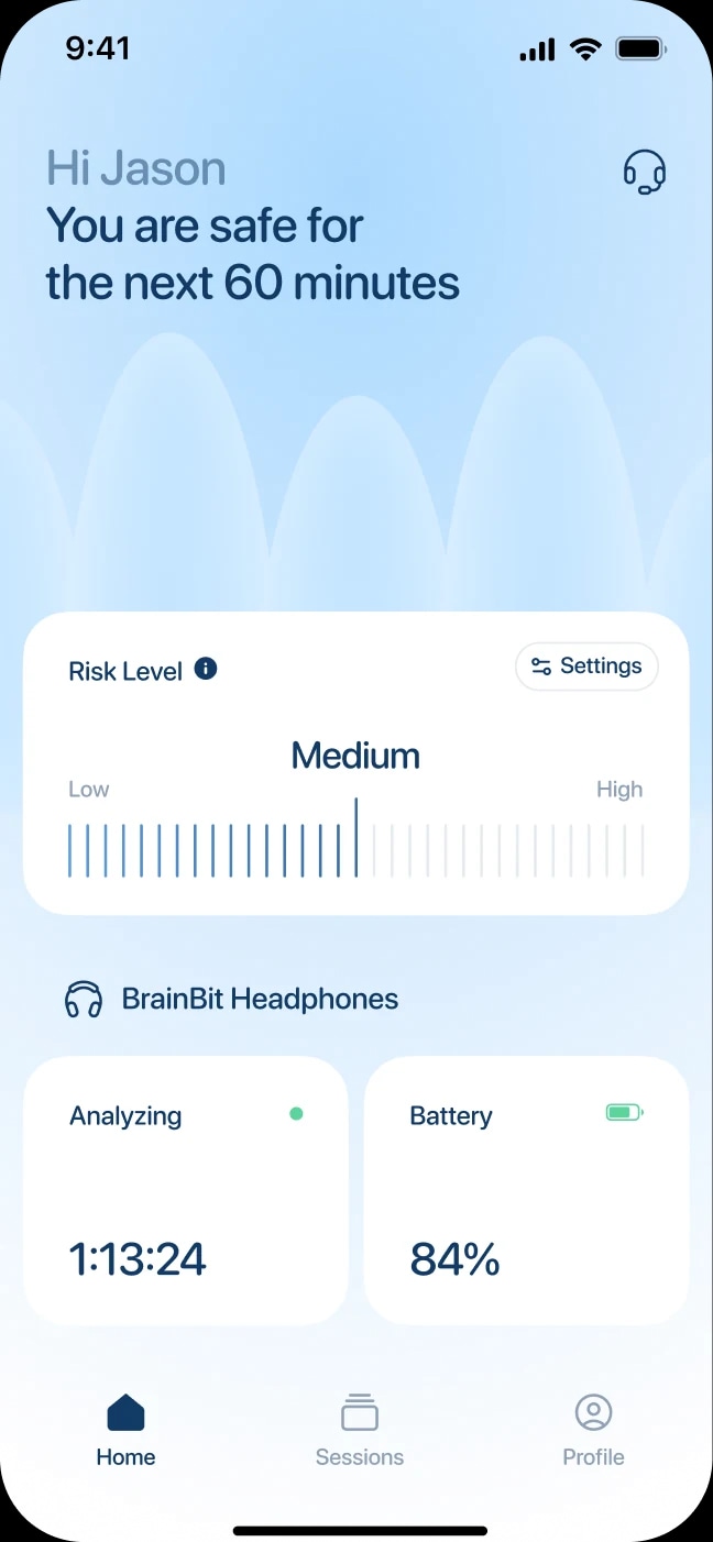 The calm state: Hi Jason, you are safe for the next 60 minutes, with the Risk Level card reading Medium and the headset's status below it.