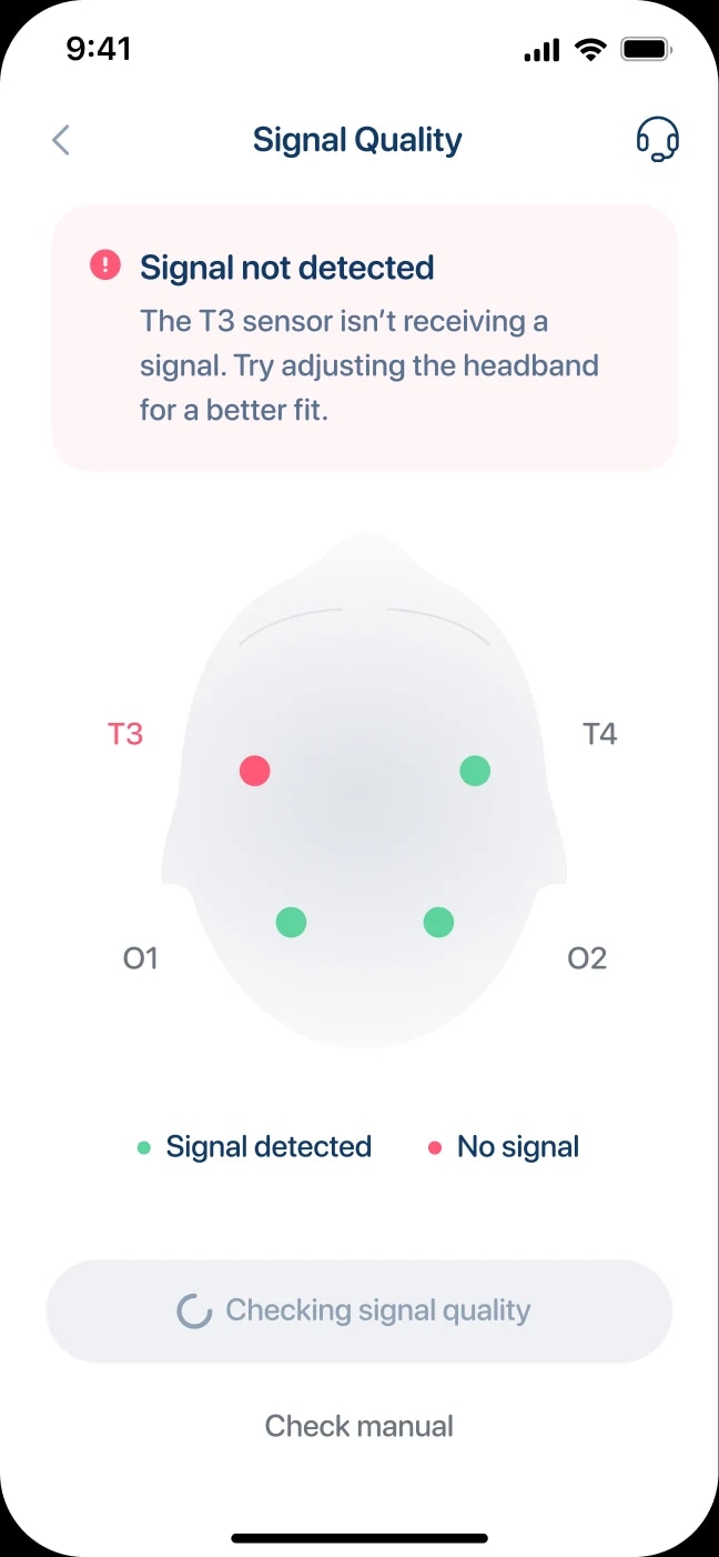 Signal Quality: a warning that the T3 sensor isn't receiving a signal, over a diagram of the cap's four electrode positions.