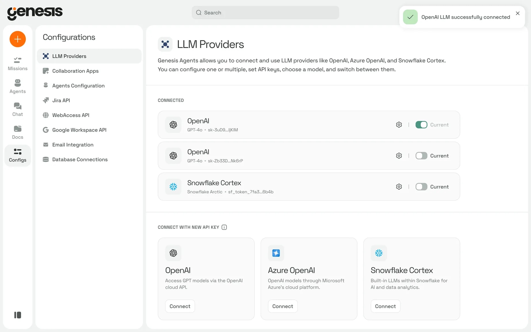 The LLM Providers configuration screen: OpenAI and Snowflake Cortex connected, with cards to connect Azure OpenAI or add a new key underneath.