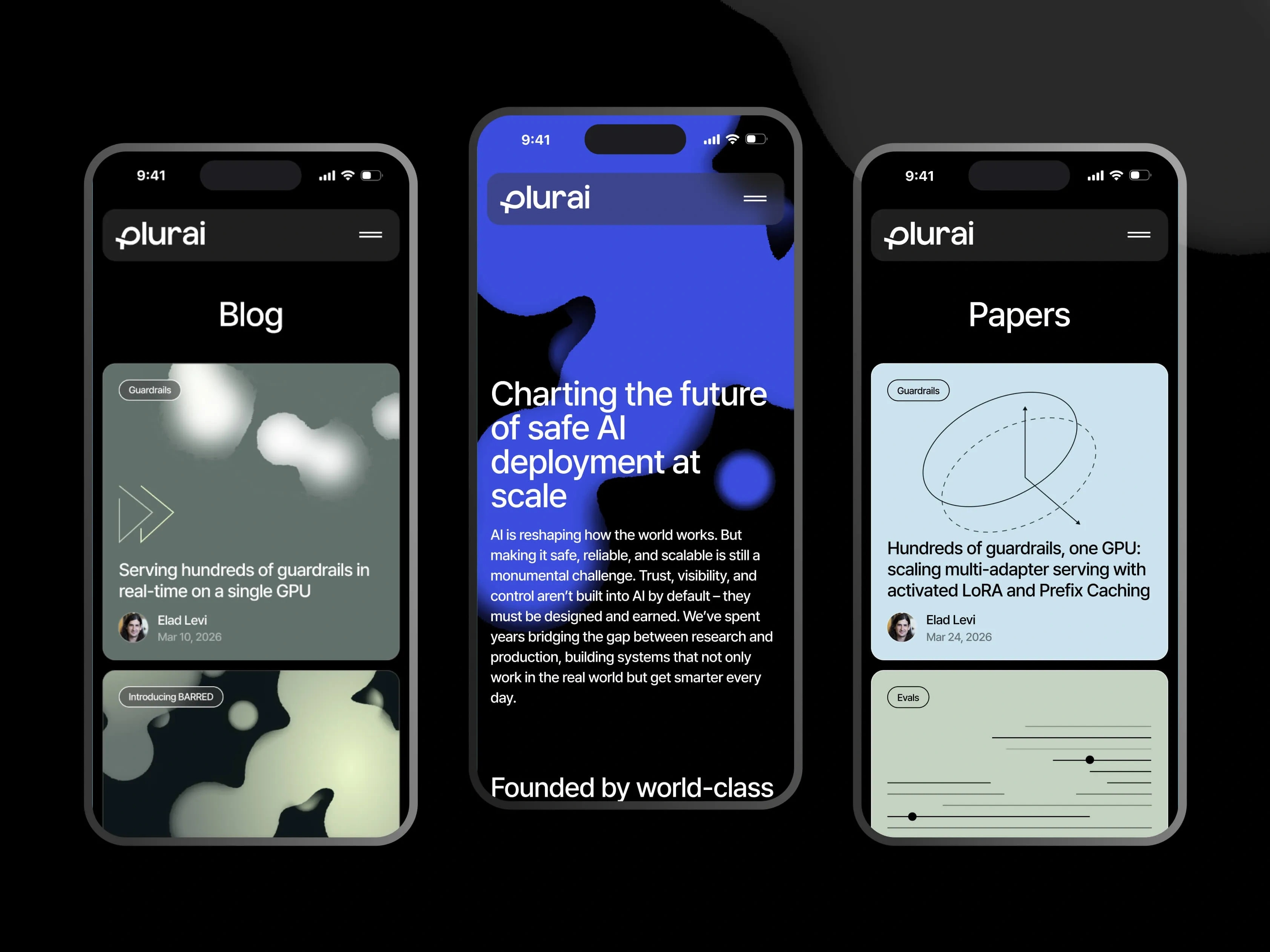 Three phone screens: the PlurAI blog listing 'Serving hundreds of guardrails in real-time on a single GPU' by Elad Levi, a post reading 'Charting the future of safe AI deployment at scale,' and the Papers list with 'Hundreds of guardrails, one GPU: scaling multi-adapter serving with activated LoRA and Prefix Caching.'
