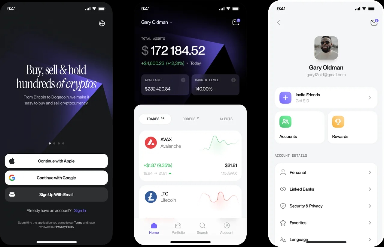 Three app screens: a dark sign-in reading Buy, sell & hold hundreds of cryptos, a dark portfolio with total assets and margin trades, and a light account screen.