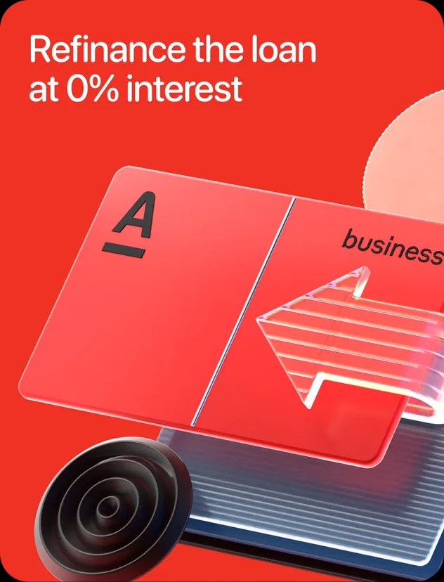 A red promotional card reading Refinance the loan at 0% interest.