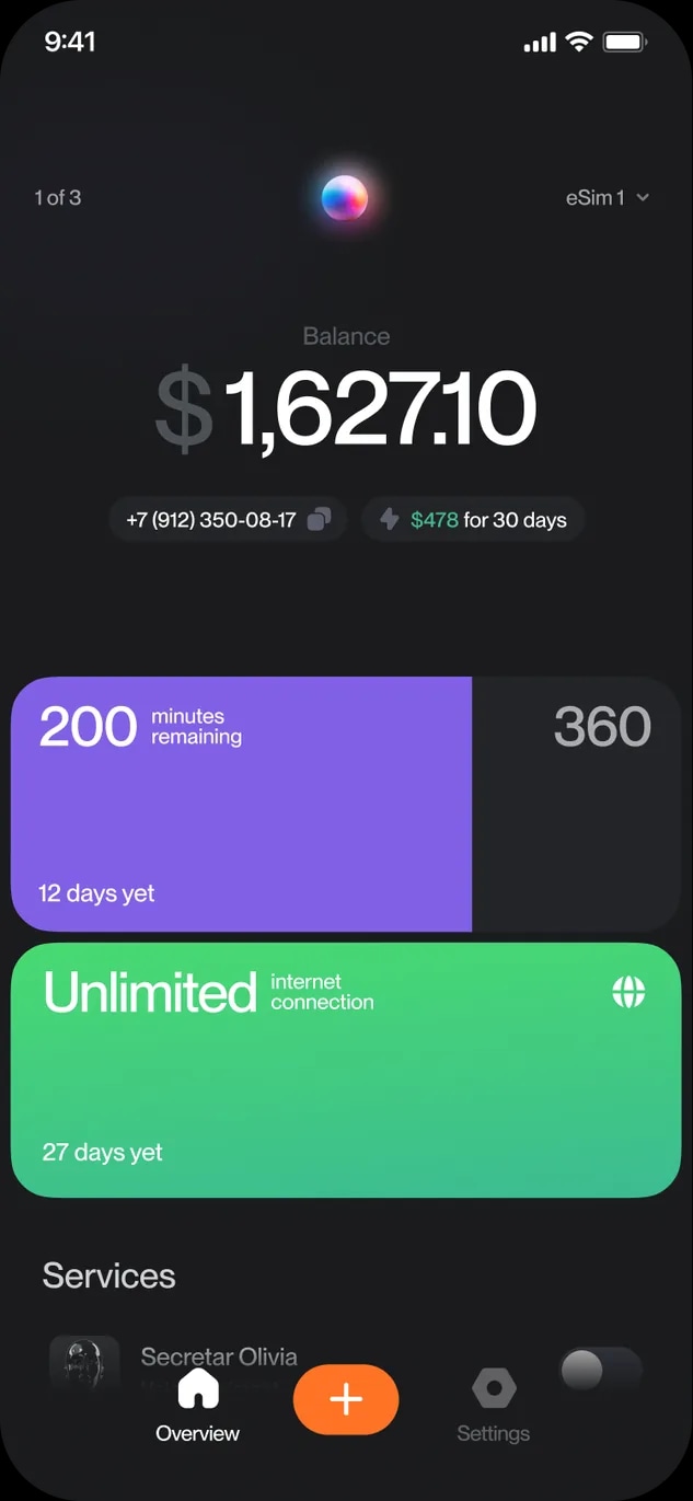 A dark balance screen reading $1,627.10, with cards for remaining minutes and unlimited data.