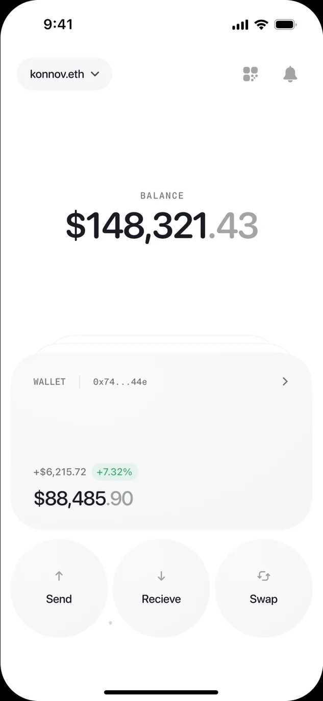 A light wallet screen reading $148,321.43, with Send, Receive and Swap actions.