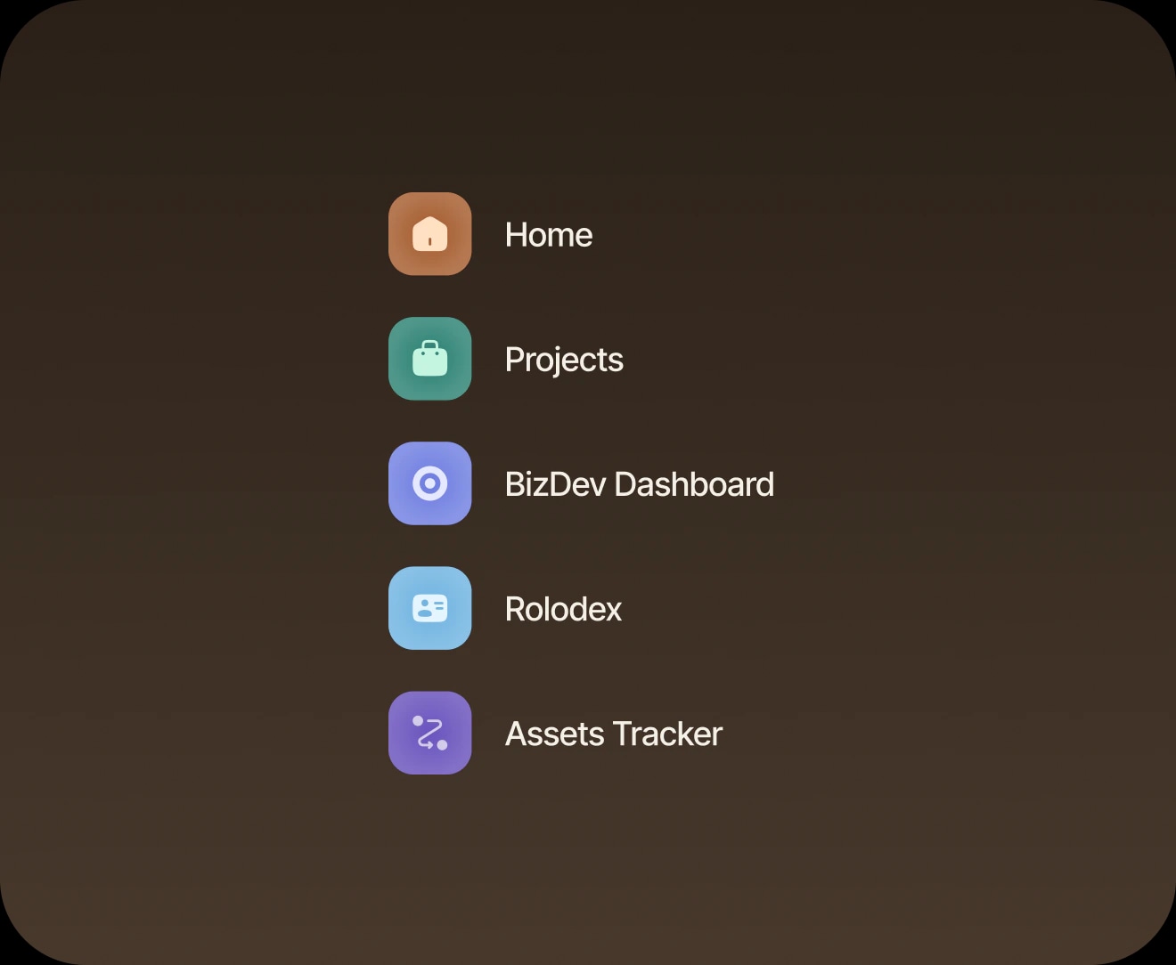 The hub navigation: Home, Projects, BizDev Dashboard, Rolodex and Assets Tracker.