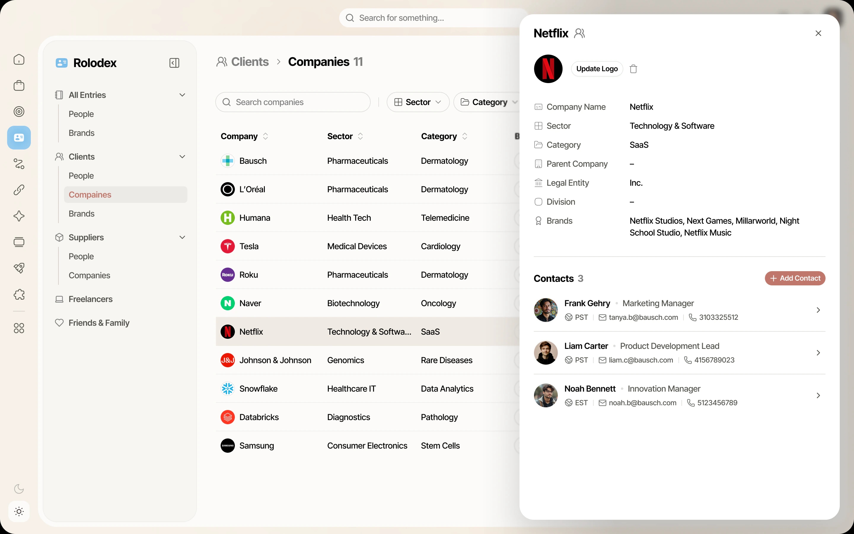 Rolodex: the companies table with sector and category columns, and Netflix open in a side panel.