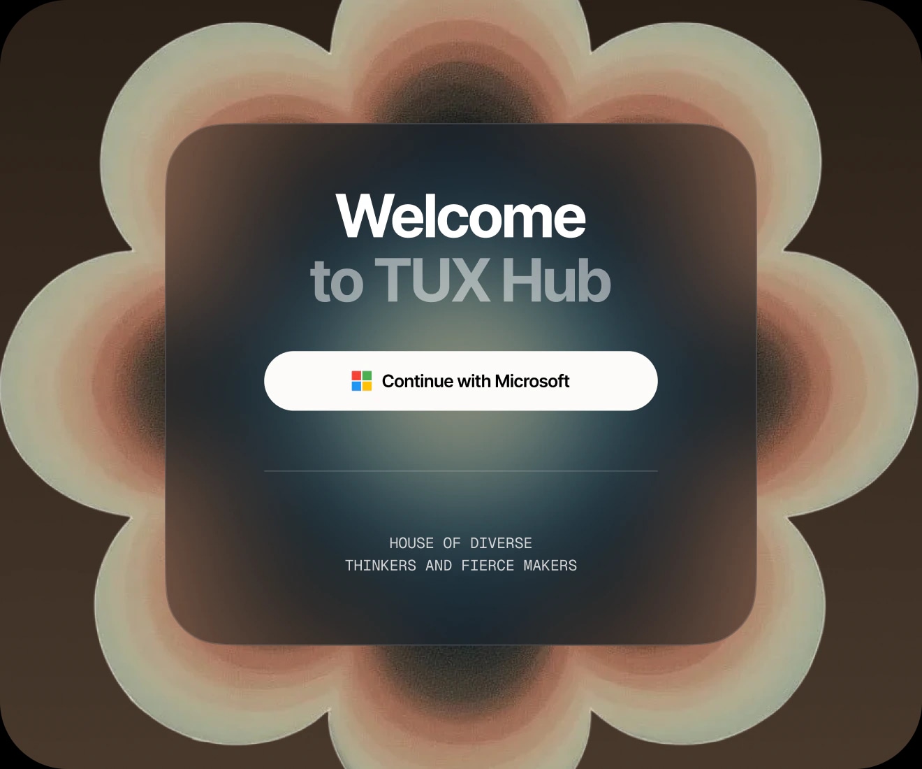 The sign-in screen: Welcome to TUX Hub with Continue with Microsoft, over the studio's own artwork.